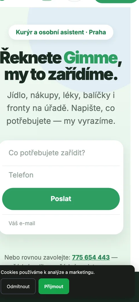 Gimme – úvodní stránka na mobilu