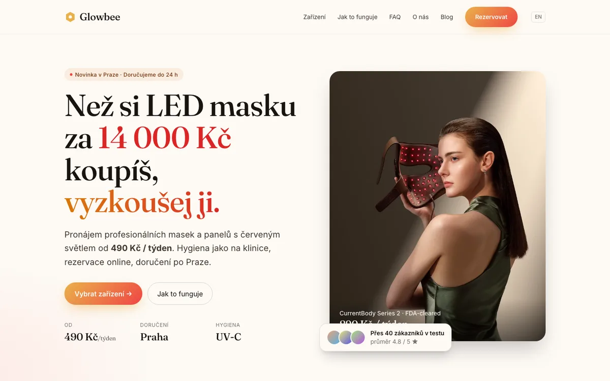 Glowbee – úvodní stránka na počítači