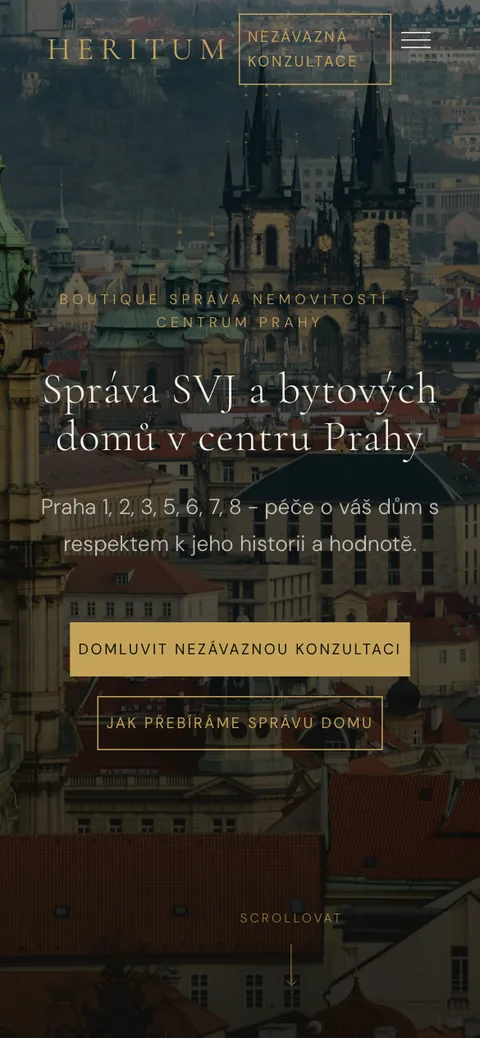 Heritum – úvodní stránka na mobilu