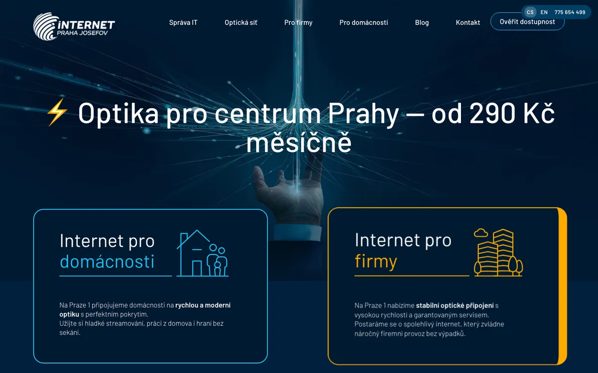 Internet Praha 1 – úvodní stránka na počítači