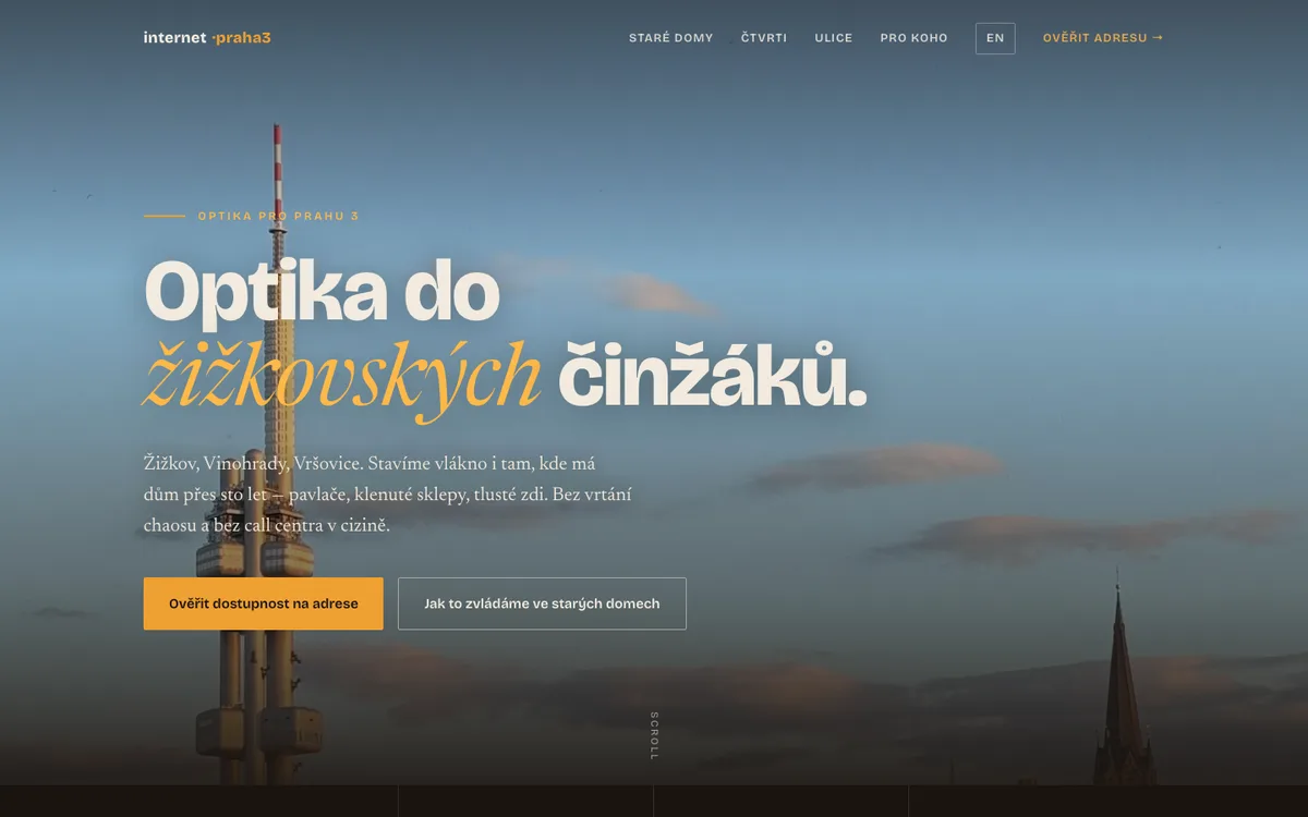 Internet Praha 3 – úvodní stránka na počítači
