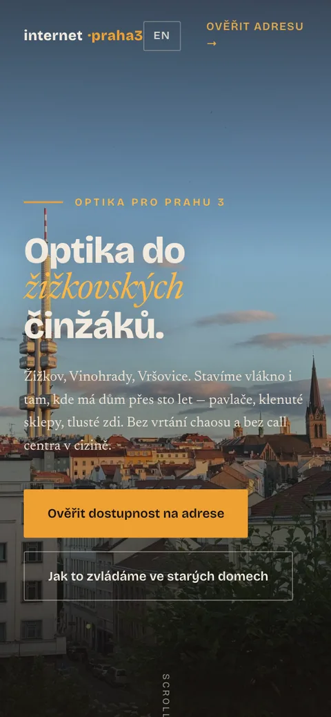Internet Praha 3 – úvodní stránka na mobilu