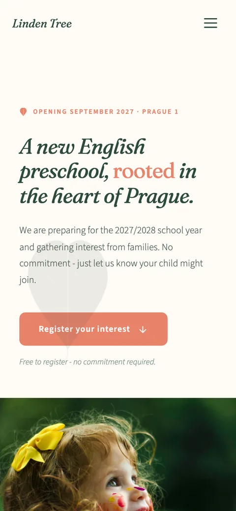 Linden Tree Preschool – úvodní stránka na mobilu