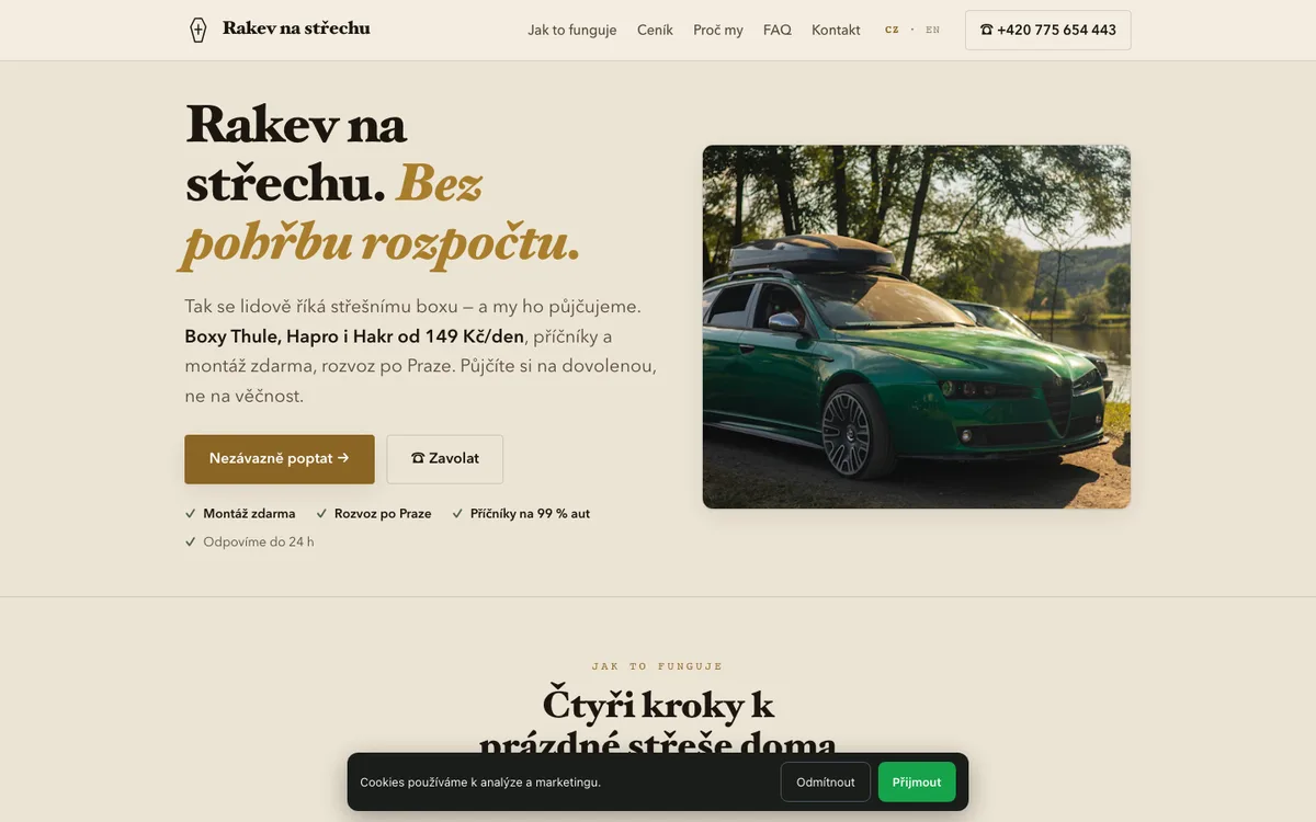 Rakev na střechu – úvodní stránka na počítači