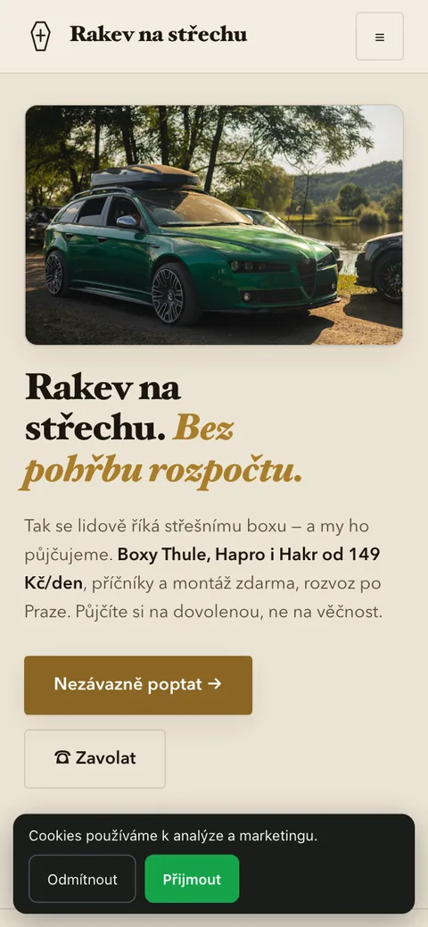 Rakev na střechu – úvodní stránka na mobilu