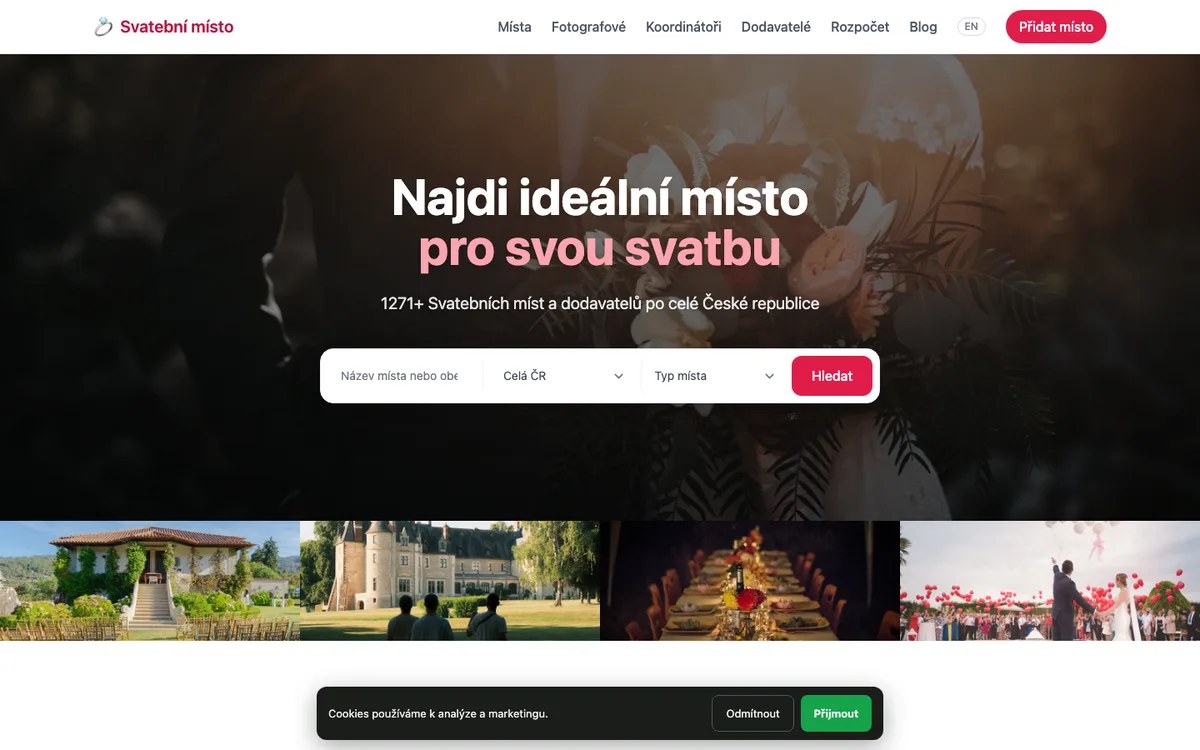 Svatební místo – úvodní stránka na počítači