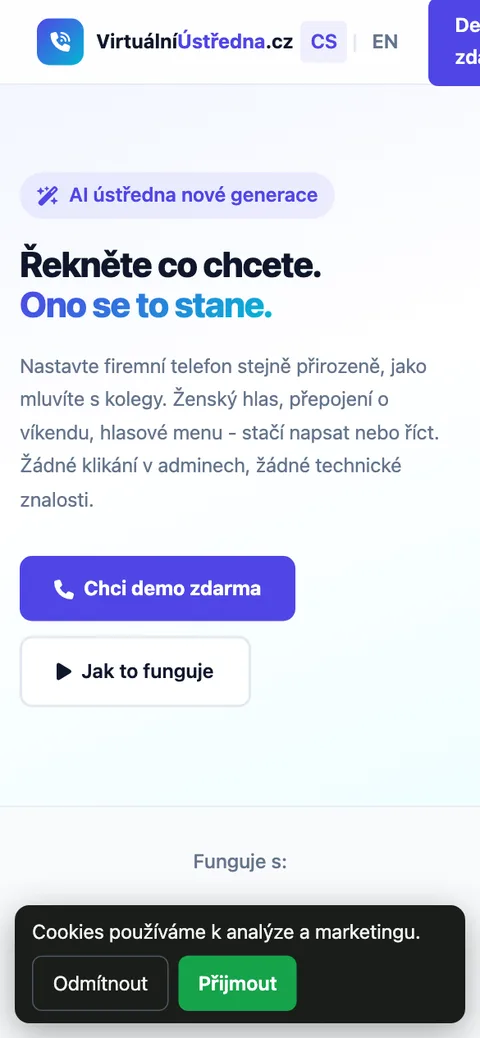 Virtuální ústředna – úvodní stránka na mobilu