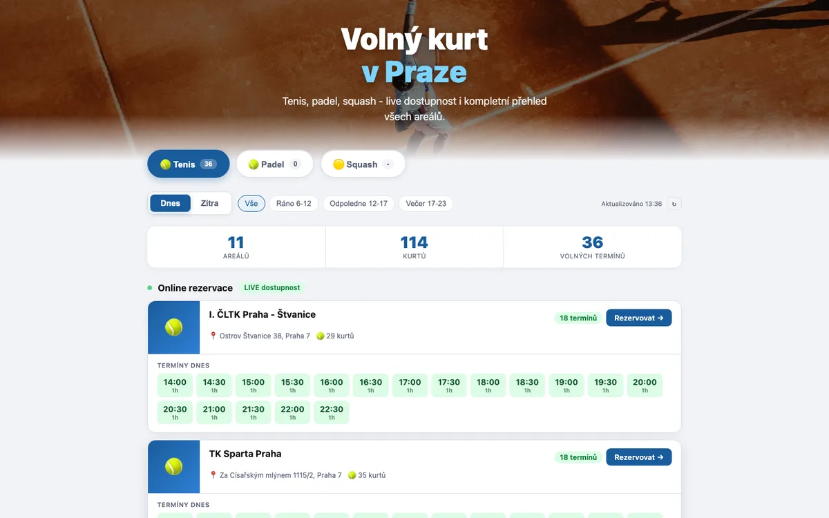 Volný kurt – úvodní stránka na počítači
