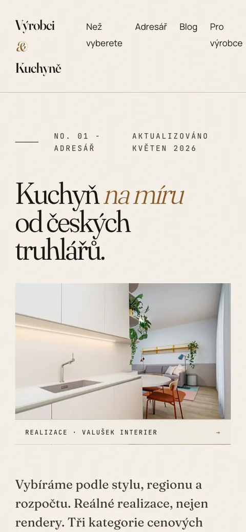 Výrobci kuchyní – úvodní stránka na mobilu