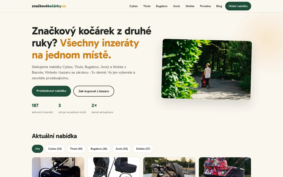 Značkové kočárky – úvodní stránka na počítači