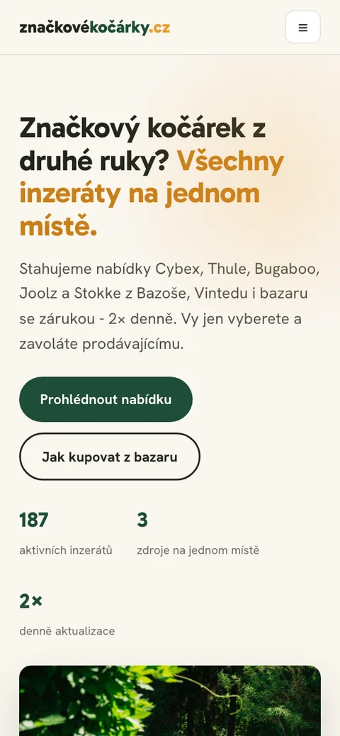 Značkové kočárky – úvodní stránka na mobilu